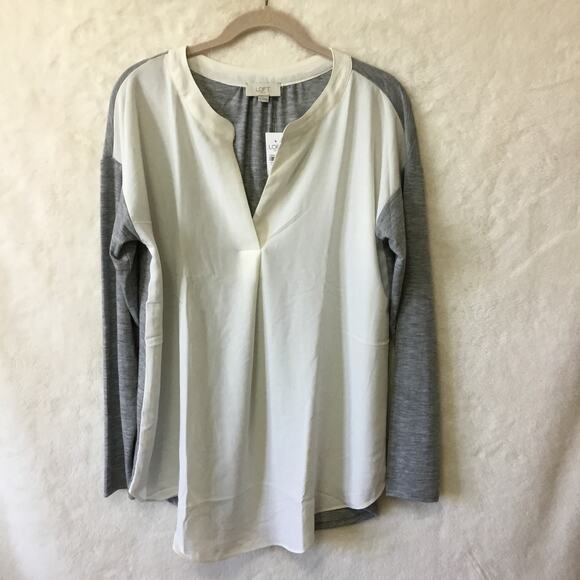 LOFT White Colorblock V-Neck Mixed Media Top - Picture 3 of 8